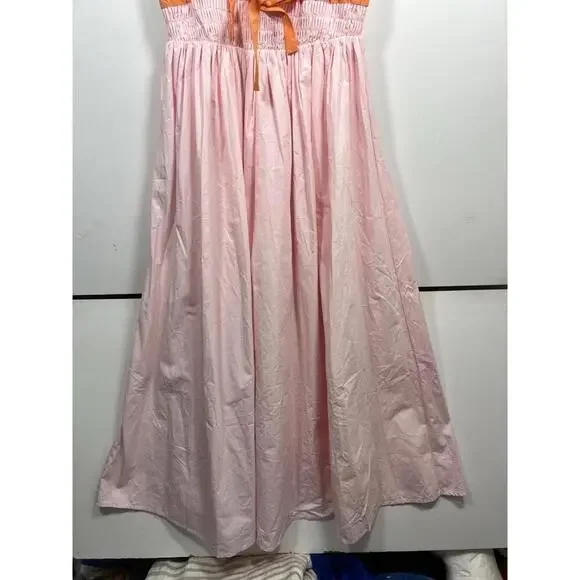 MABLE Lecia Smocked Midi Dress Pink Size Small Orange Tie Straps Smocked Summer - Picture 6 of 9